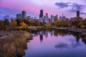 A view of the Chicago skyline at dusk in autumn.