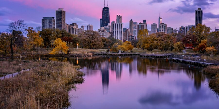 A view of the Chicago skyline at dusk in autumn.