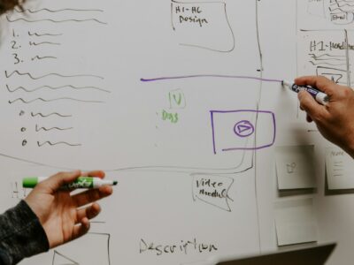 Two professionals working out a strategy on a whiteboard.