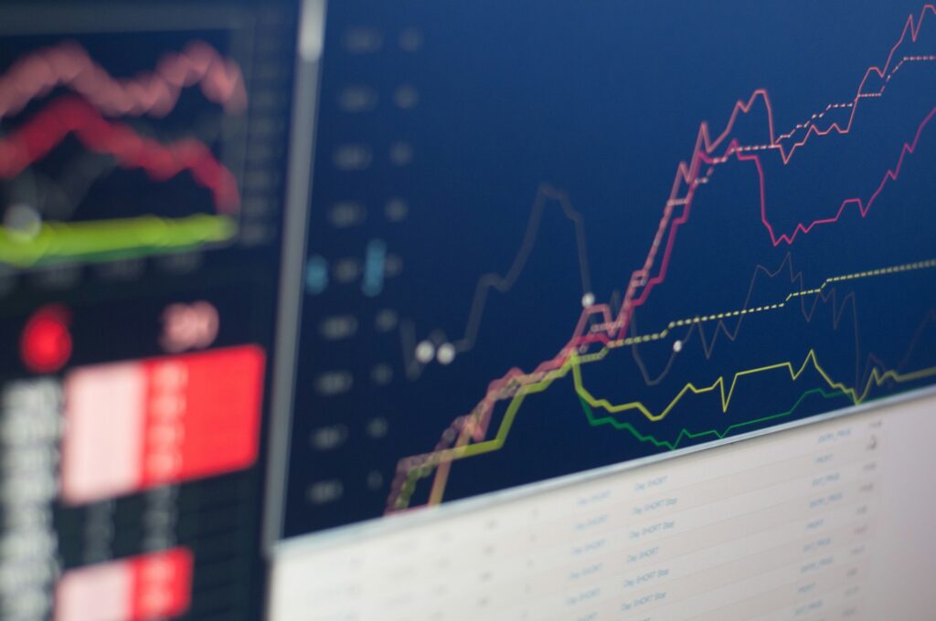 Complex charts displaying diverging sets of numbers.